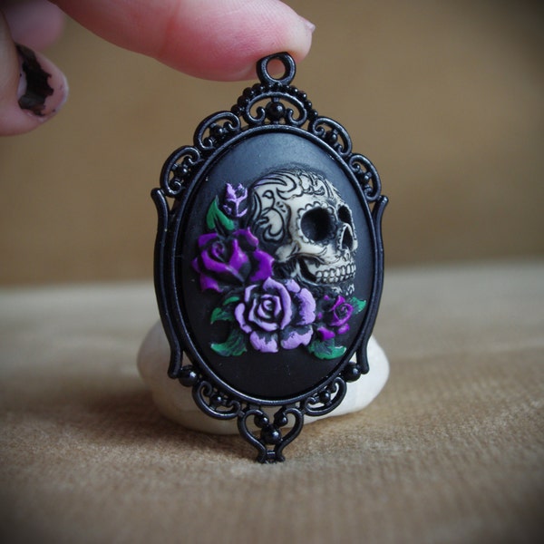 Tattooed Sugar Skull With Roses Calavera Day of the Dead Dia De Los Muertos Hand Made Necklace