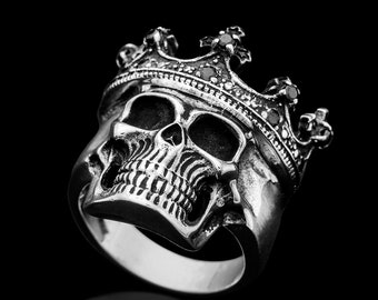 Sterling Silber Schädel Krone Ring, Gothic Black Onyx Biker Band, Unisex Royalty Schmuck