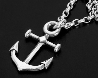 Sterling Silver Anchor Necklace, Heavy Sailor Pendant, Nautical Biker Jewelry
