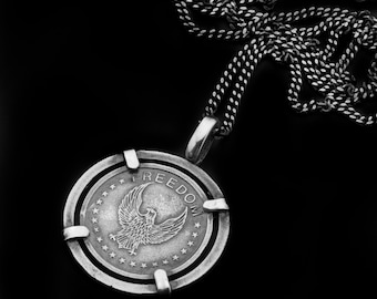 Sterling Silver Eagle Freedom Coin Pendant Necklace: Patriotic Americana