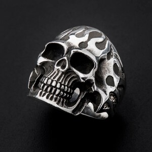 Heavy Sterling Silver Skull Ring: Oxidized Flame Biker Jewelry