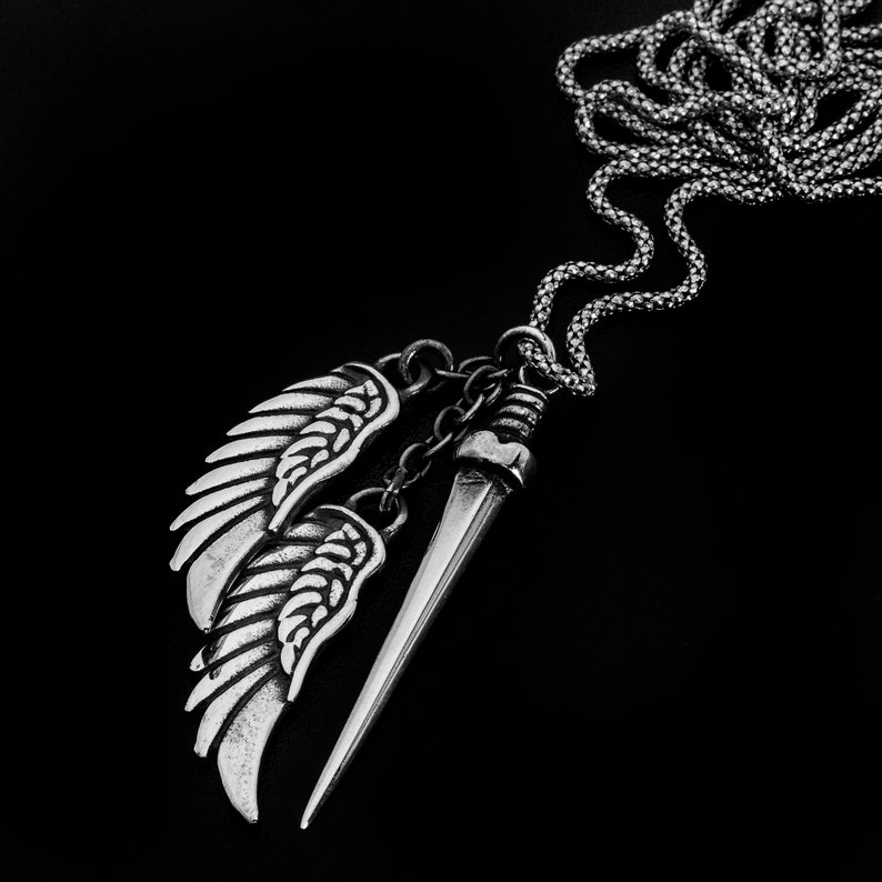 Angels can fight Sterling Silver Dagger /& Wings Pendant