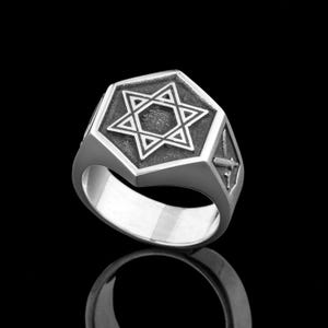 Star of David Silver Ring-- Engraved Iron Swords--925 Sterling Silver--Judicial Symbol-- Magen David Ring-- Am Israel Chai-- Unisex Gift
