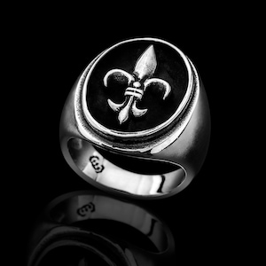 Zegelring Fleur De Lys--925 sterlingzilver Chevalière--Irispatroon--Zwarte geoxideerde afwerking--Vintage, tijdloos stuk--cadeau voor hem en haar