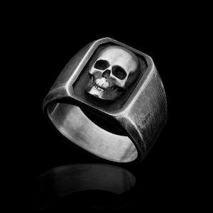 Silver Octagon Skull Face Signet Ring--925 Sterling Silver--Biker Jewelry-- Optional Skull Pinky Ring, Fits any Finger--Gift for Him and Her