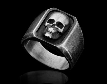 925 Sterling Silber Achteck Schädel Siegelring, Kantig Memento Mori Schmuck, Statement Band, Unisex