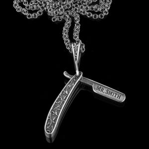 Handmade Silver Folding Razor Pendant Necklace – Barber Knife Jewelry with Opening Blade – Textured 925 Silver Chain Necklace – Unisex Gift