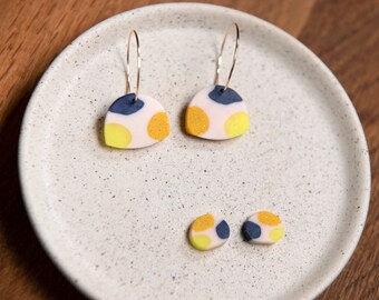 Colour patch drop earrings or studs with a glimmer of gold, light weight, beautiful gift