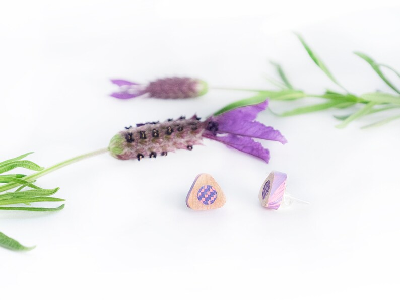 Stud earrings TRIANGULAR LAVENDER handmade from multicolored pencils beautiful pattern novelty stud earrings image 1