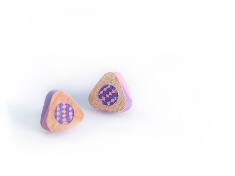 Stud earrings TRIANGULAR LAVENDER handmade from multicolored pencils beautiful pattern novelty stud earrings image 2