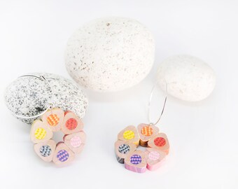 Flower earrings, hexagons, handmade from bright multi- colored pencils, perfect teacher gift, novelty earrings