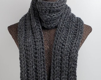 Chunky Wool Blend Crochet Winter Scarf - Dark Grey Heather