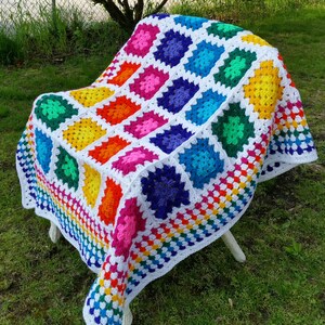 White and Multicolor Granny Square Throw Ready to Ship