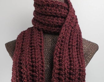 Chunky Wool Blend Crochet Winter Scarf - Burgundy