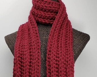 Chunky Wool Blend Crochet Winter Scarf - Dark Red