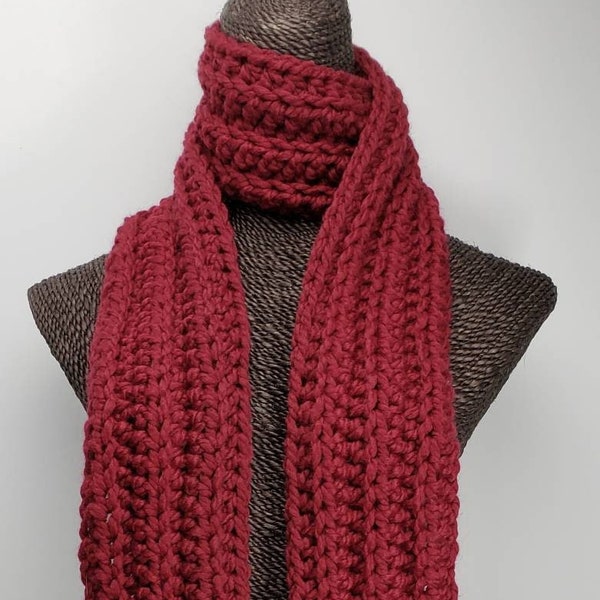 Chunky Wool Blend Crochet Winter Scarf - Dark Red