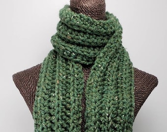 Chunky Wool Blend Crochet Winter Scarf - Kale Green Fleck