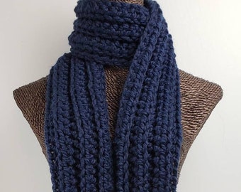 Chunky Wool Blend Crochet Winter Scarf - Navy Blue