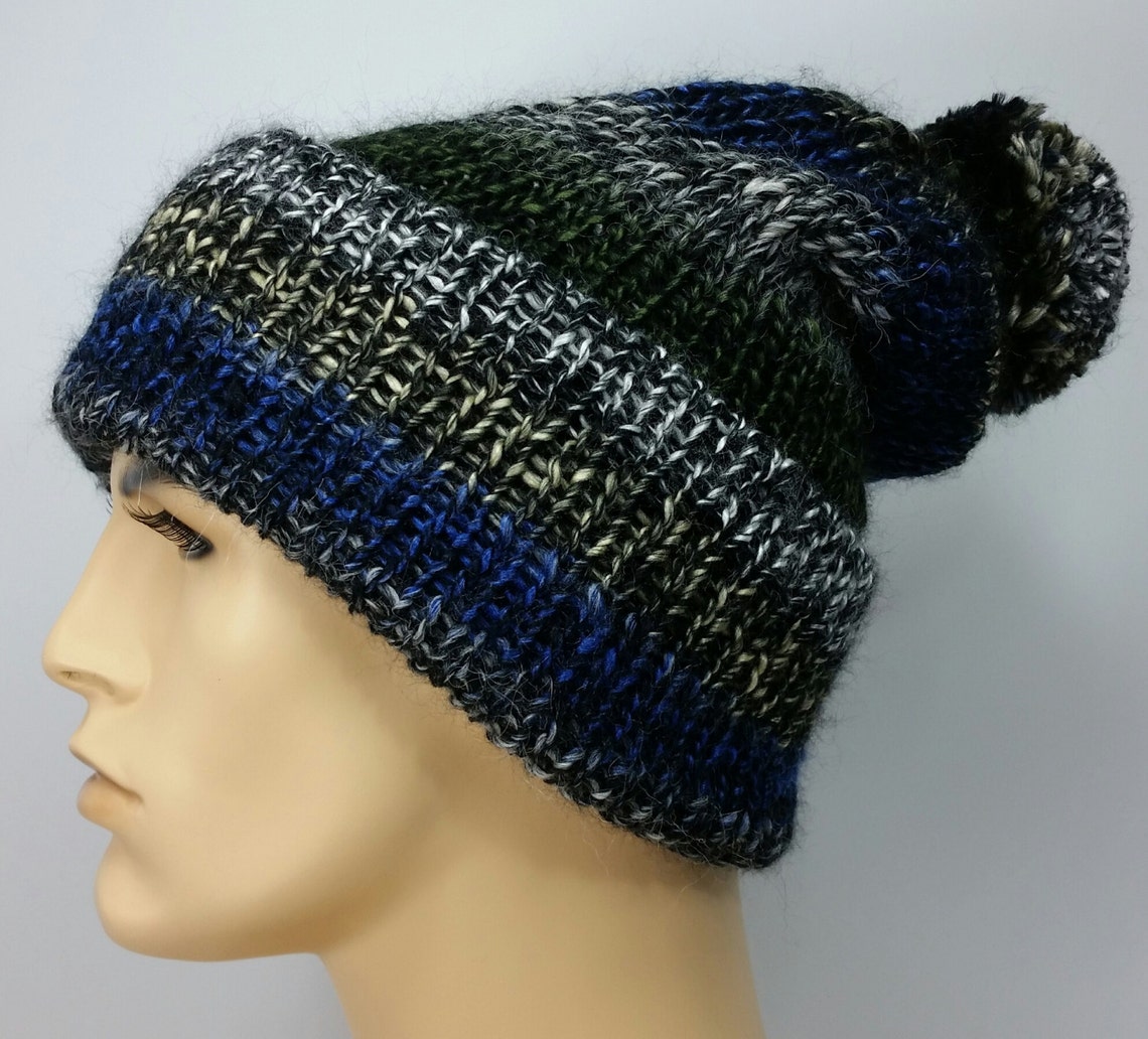 Mens Multicolor Striped Classic Knit Hat With Pom Pom Warm Etsy