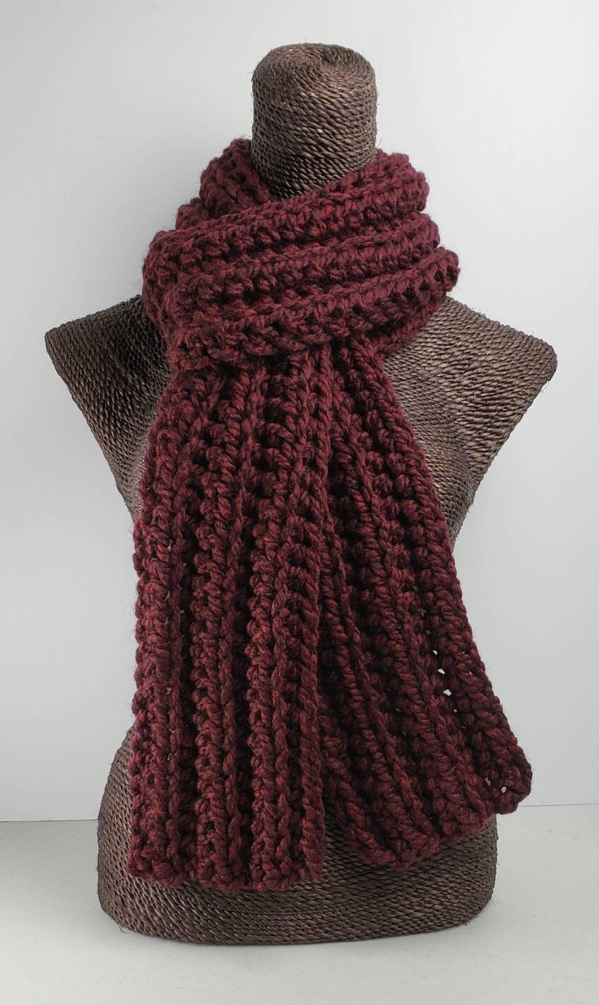 Chunky Wool Blend Crochet Winter Scarf - Burgundy - Etsy