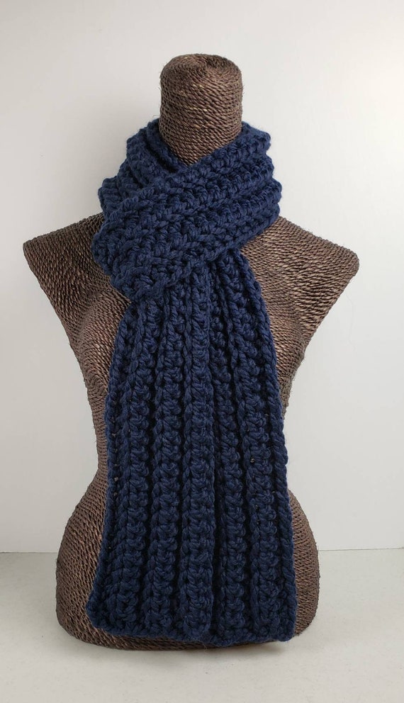 Chunky Wool Blend Crochet Winter Scarf - Navy Blue - Etsy