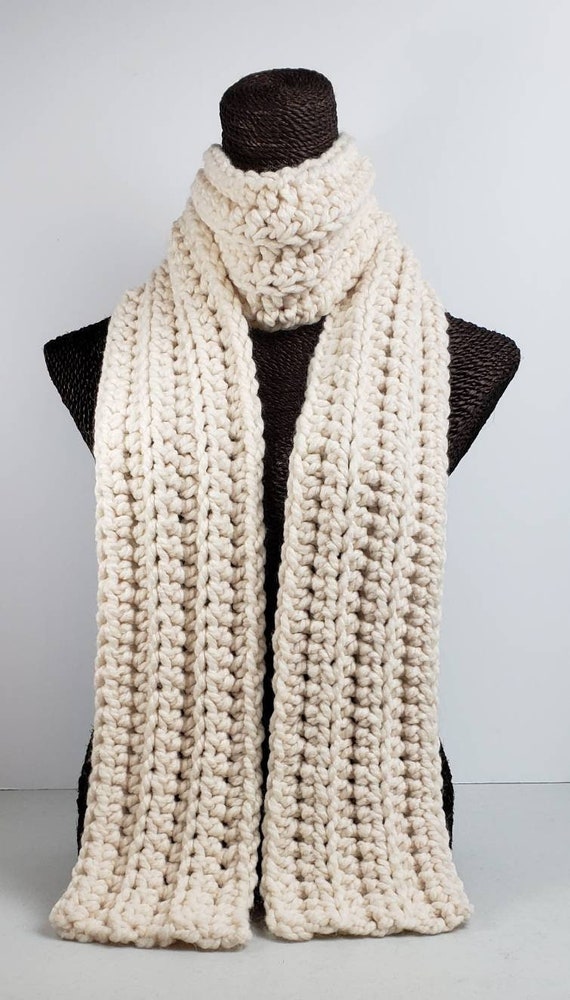 Chunky Wool Blend Crochet Winter Scarf Winter White