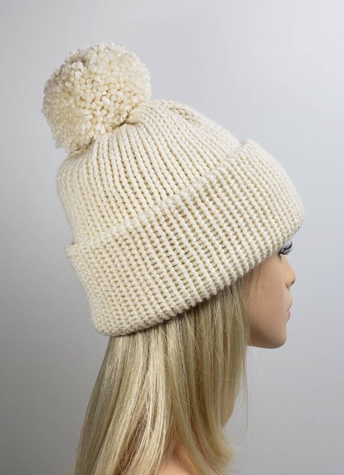 Womens Winter White Knit Beanie With PomPom Classic Knit Hat Etsy 日本