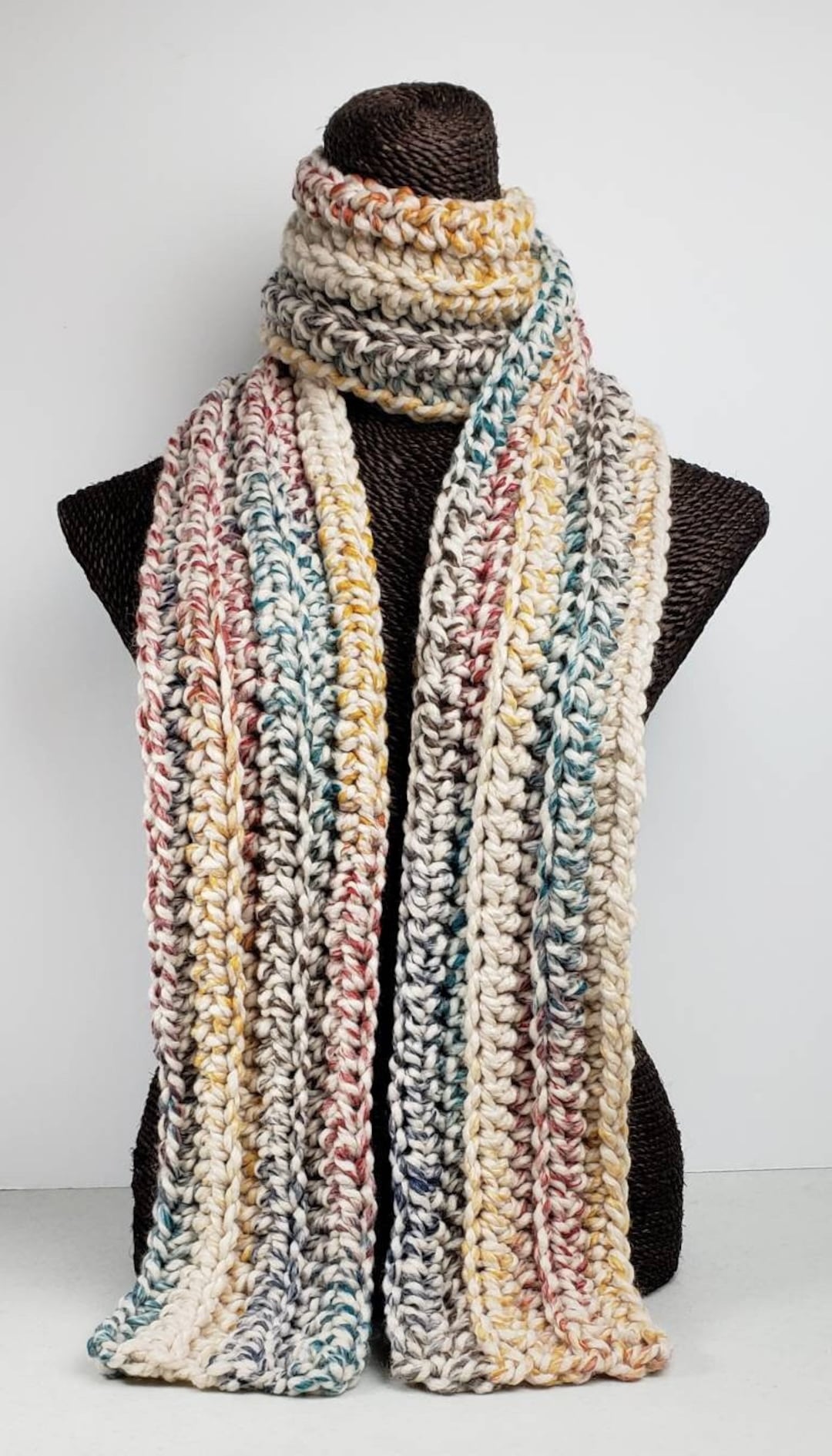 Chunky Wool Blend Crochet Winter Scarf - Winter White and Multicolor - Etsy