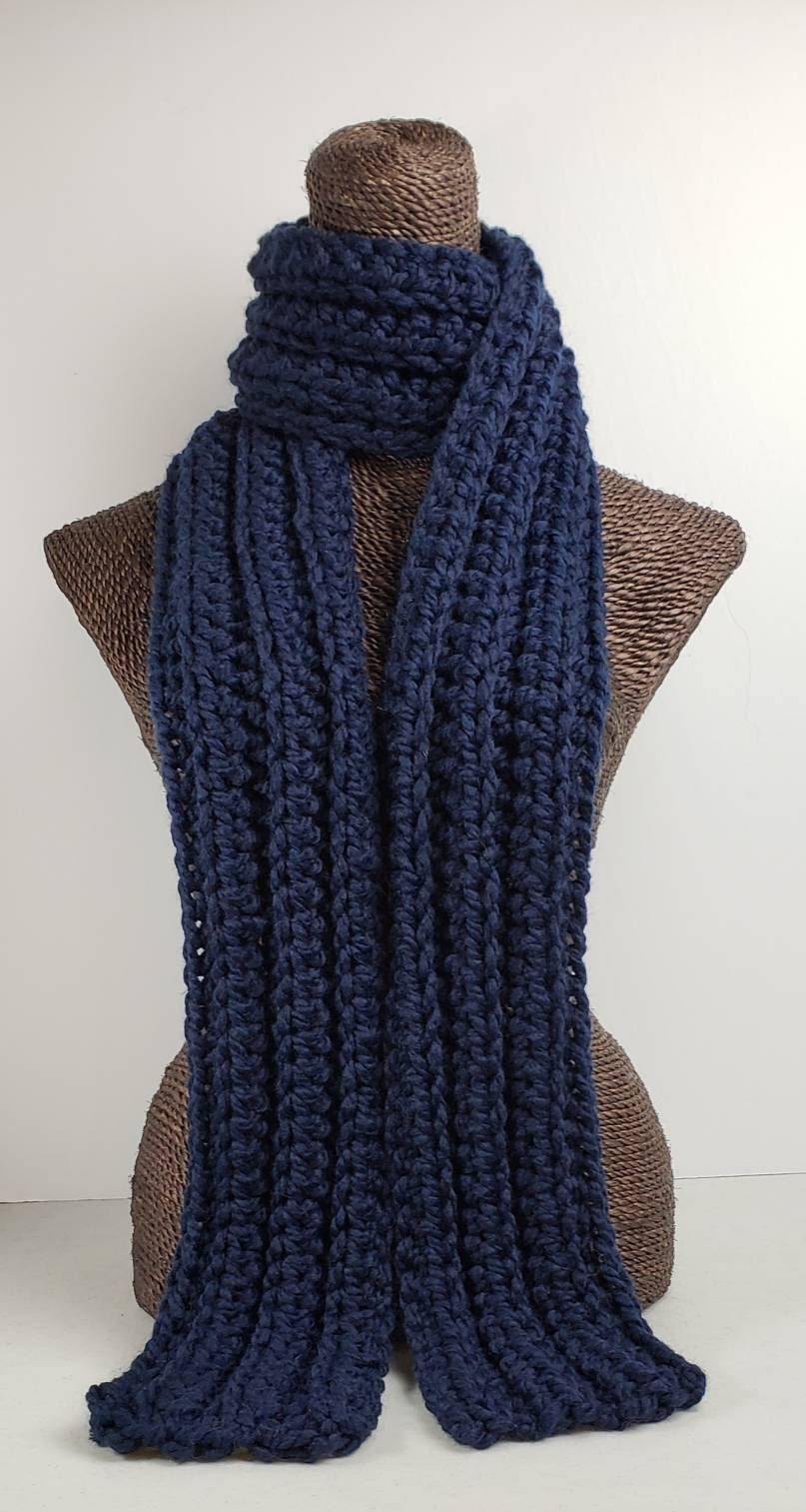 Chunky Wool Blend Crochet Winter Scarf - Navy Blue - Etsy