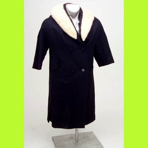Wollmantel Vintage Damen Schwarz w/Weiß Pelz-Kragen 1940er Jahre Original Besitzer AUS