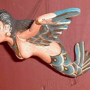 Dewi Sri Rice Goddess Flying Hanging Lady mermaid tail Wood Carved small 8 inch BLUE RED or GREEN