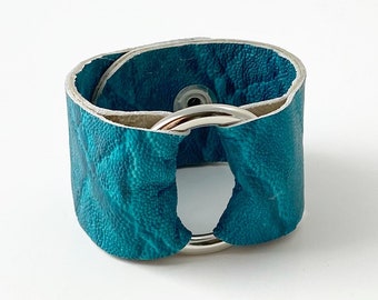 Ring of Hope Cuff Bracelet in "Crinkle" Turquoise Buffalo Hide Leather