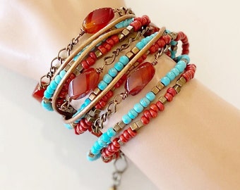Triple Wrap Bracelet - Carnelian Gemstone - Tucson Gems - Handcrafted