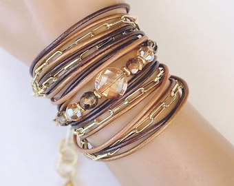 Triple Wrap Leather Bracelet with Cable Chain & Crystal Accents in Soft Earthy Tones