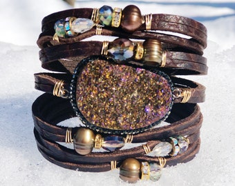 Chocolate Brown Shredded Leather Cuff Bracelet, with Gemstones, Druzy, Freshwater Pearls, Crystals, Statement Cuff