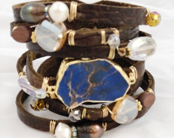 Buffalo Hide Split Leather Cuff, Statement Cuff Bracelet, Cuff with Bling, Lapis Druzy