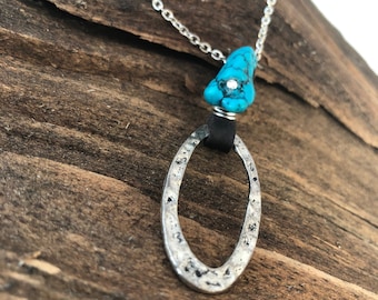 Turquoise, Leather and Sterling Silver Necklace