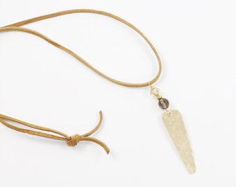 Handcrafted, 14k Gold-Filled Triangle Necklace on a Long Suede Cord with Smokey Quartz and Austrian Crystal
