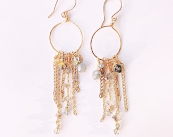 Labradorite, Crystal and Chain Earrings