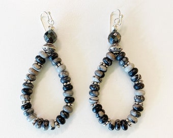 Black Network Agate Stone Teardrop Hoop Earrings