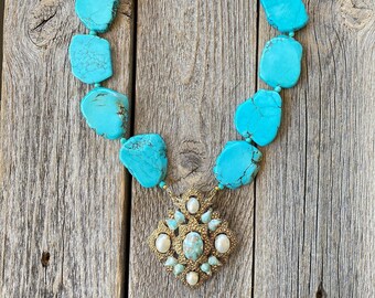 Modern Vintage "Turquoise" Nugget Necklace with Statement Vintage Brooch/Pin Pendant