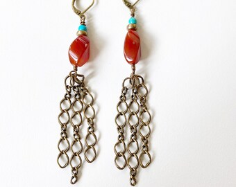 Carnelian and Turquoise Chain Drop Chandelier Earrings