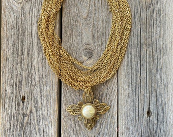 Vintage Starburst Filigree Multi-Strand Chain Link Necklace with Faux Mother of Pearl Stone