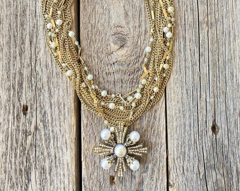 Vintage Multi Strand Chain Necklace with Pearl Accents and a Pearl and Rhinestone Starburst Pendant