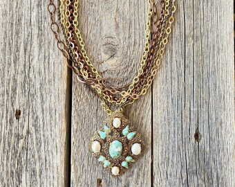 Vintage Mixed-Toned Multi Chain Necklace with Vintage Marbled Turquoise Pendant