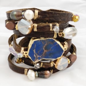 Buffalo Hide Split Leather Cuff, Statement Cuff Bracelet, Cuff with Bling, Lapis Druzy