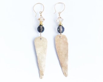 Gold-Filled Long Triangle Earrings with Smokey Quartz and Austrian Crystals