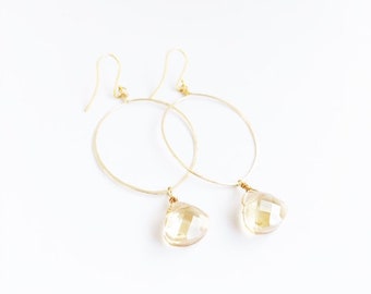 14k Gold-Filled, Hand Shaped, Hand Hammered, Hoop Earrings with Wire Wrapped Champagne Teardrop Glass "Crystals"