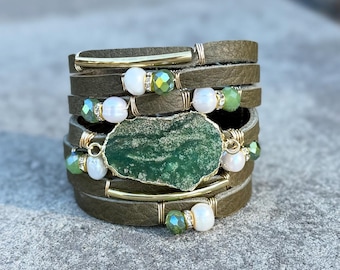 Olive Green Split Leather Cuff Showcasing a Beautiful Green Electroplated Jasper Stone, a Sprinkling of Pearls and Sparkling Faceted Beads
