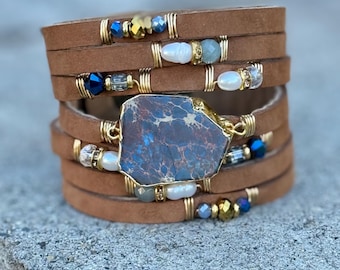 Nubuck Split Leather Cuff with Gold Electroplated Impression Jasper, Freshwater Pearls,  Crystals and Semi-Precious Stones